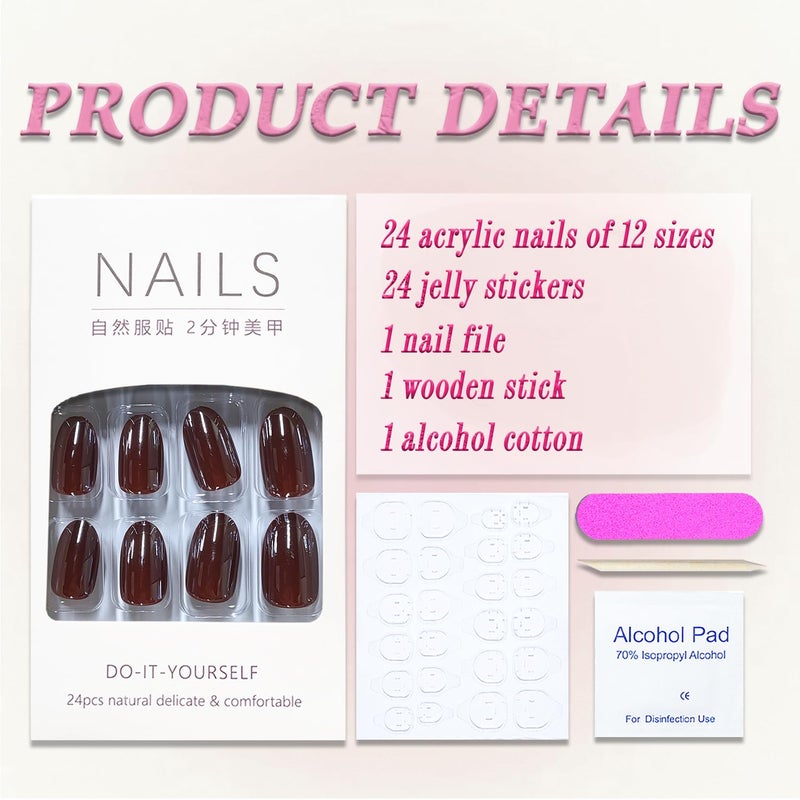 MABKJLF Chrome Press on Nails Short Oval MABKJLF Fake Nails False Nails with Metal Designs Brown Glossy Glue on Nail Full Cover Acrylic Nail for Women Girls 24Pcs - Image 3